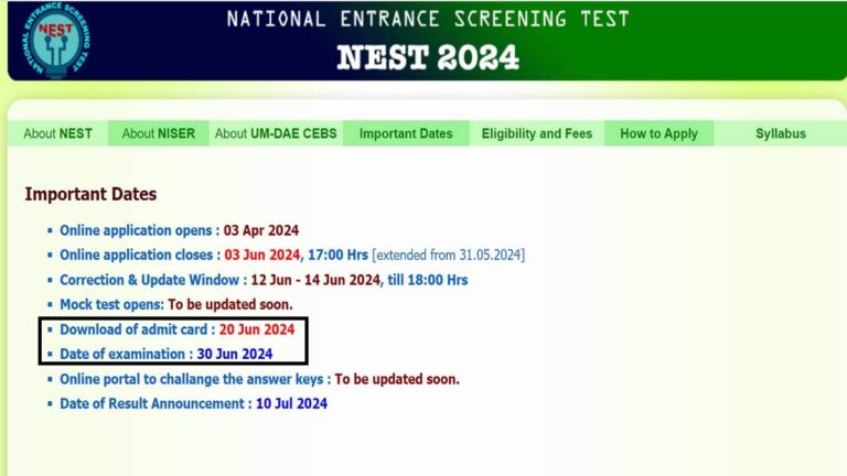 NEST Admit Card जारी